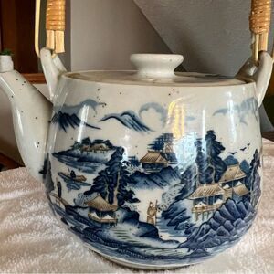 Vintage Asian Teapot Blue Scenery Bamboo Handle Stoneware Unmarked